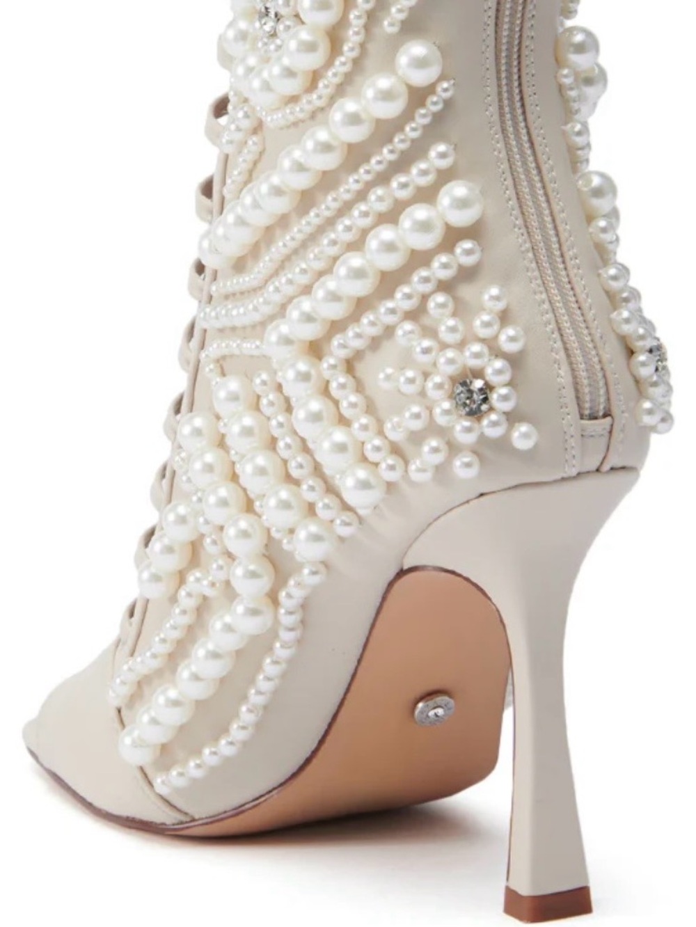 Pearl-Embellished Cream Lace-Up Peep-Toe Stiletto Booties - Picture 7 of 9
